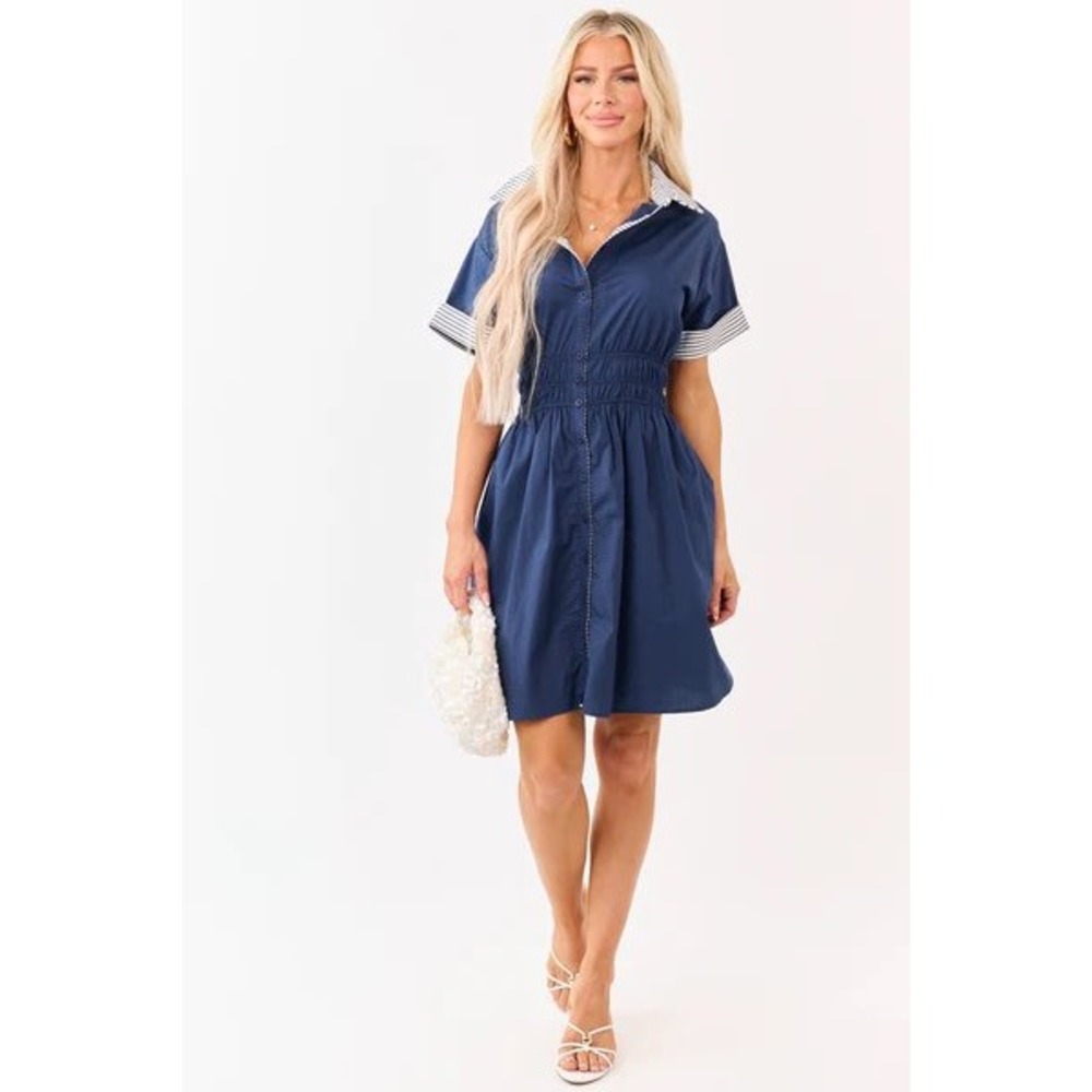 SHE + SKY Women Cotton Preppy Shirt Dress Small Navy Smocked Waist Striped Trim